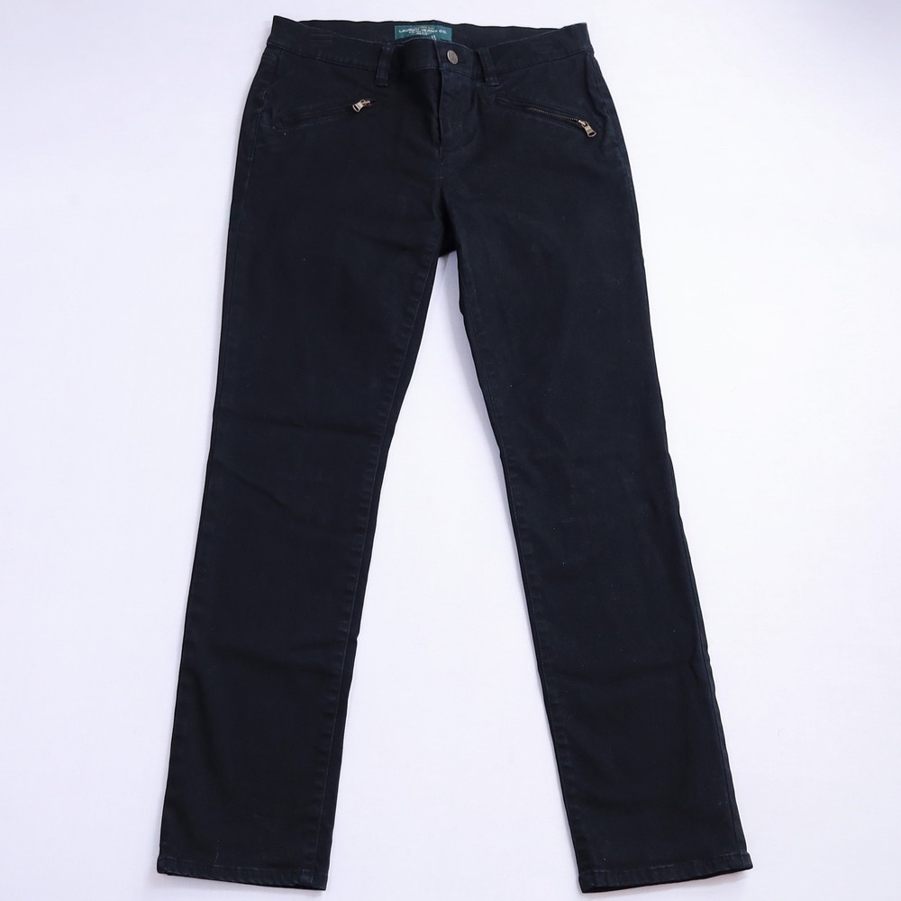 LRL Lauren Jeans Co Women 4P Black Moto Zipper Accent Straight Leg Petite Pant